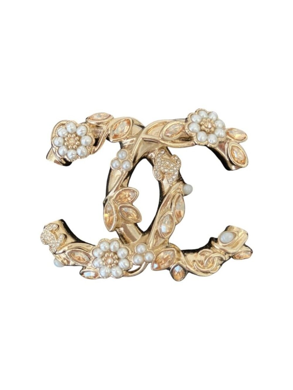 Chanel CC Logo Faux Pearl Flower Brooch Champagne Gold